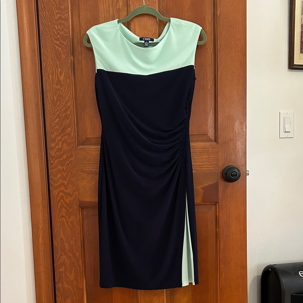 Chaps Two-Tone Sheath Dress Navy and Mint size M with side ruching